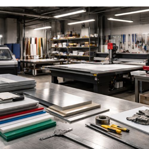 custom sign design and planning process with materials and fabrication workspace