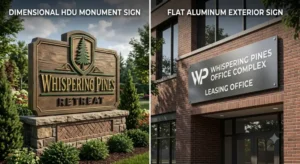 HDU carved sign compared with flat aluminum sign