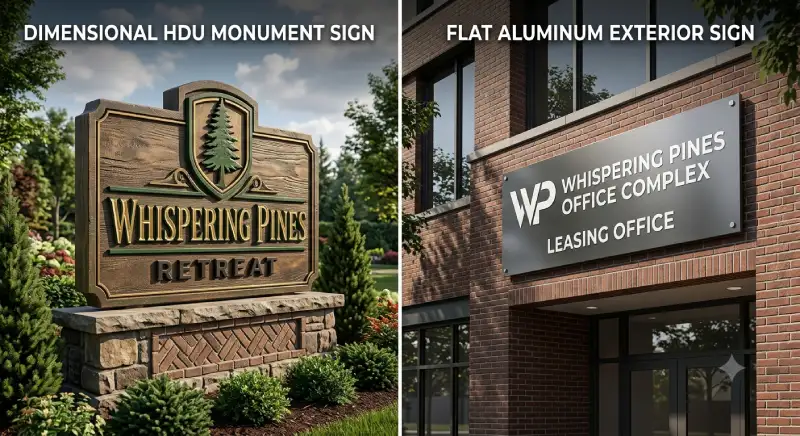 HDU carved sign compared with flat aluminum sign