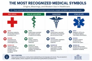 Infographic comparing the Red Cross, Rod of Asclepius, Caduceus, and Star of Life