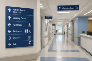 Hospital directional sign with universal restroom, elevator, and emergency pictograms